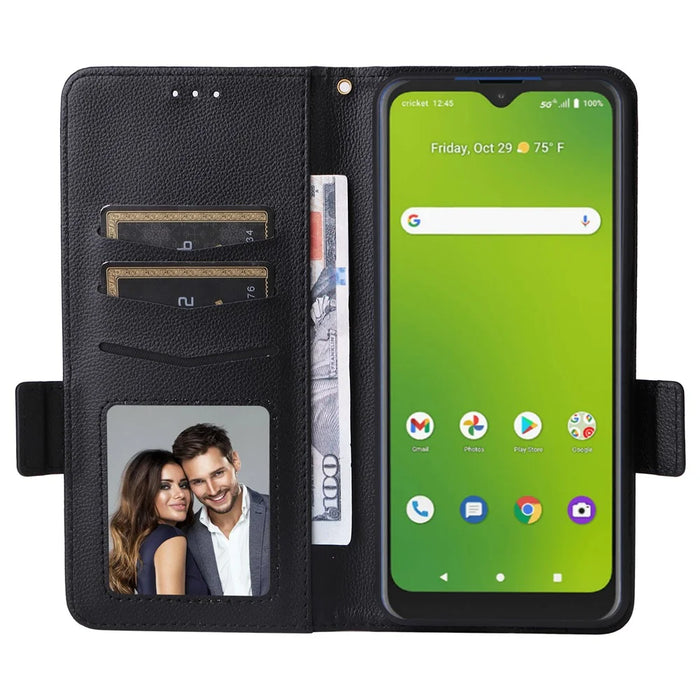 For Cricket Magic 5G / AT&T Propel 5G Leather Case Litchi Texture Wallet Phone Cover with Strap - Black - 2
