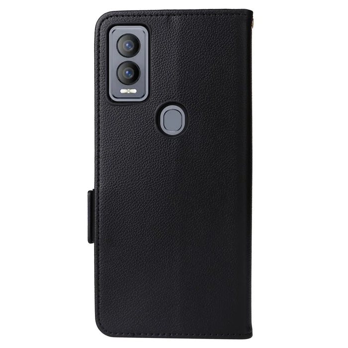 For Cricket Magic 5G / AT&T Propel 5G Leather Case Litchi Texture Wallet Phone Cover with Strap - Black - 6