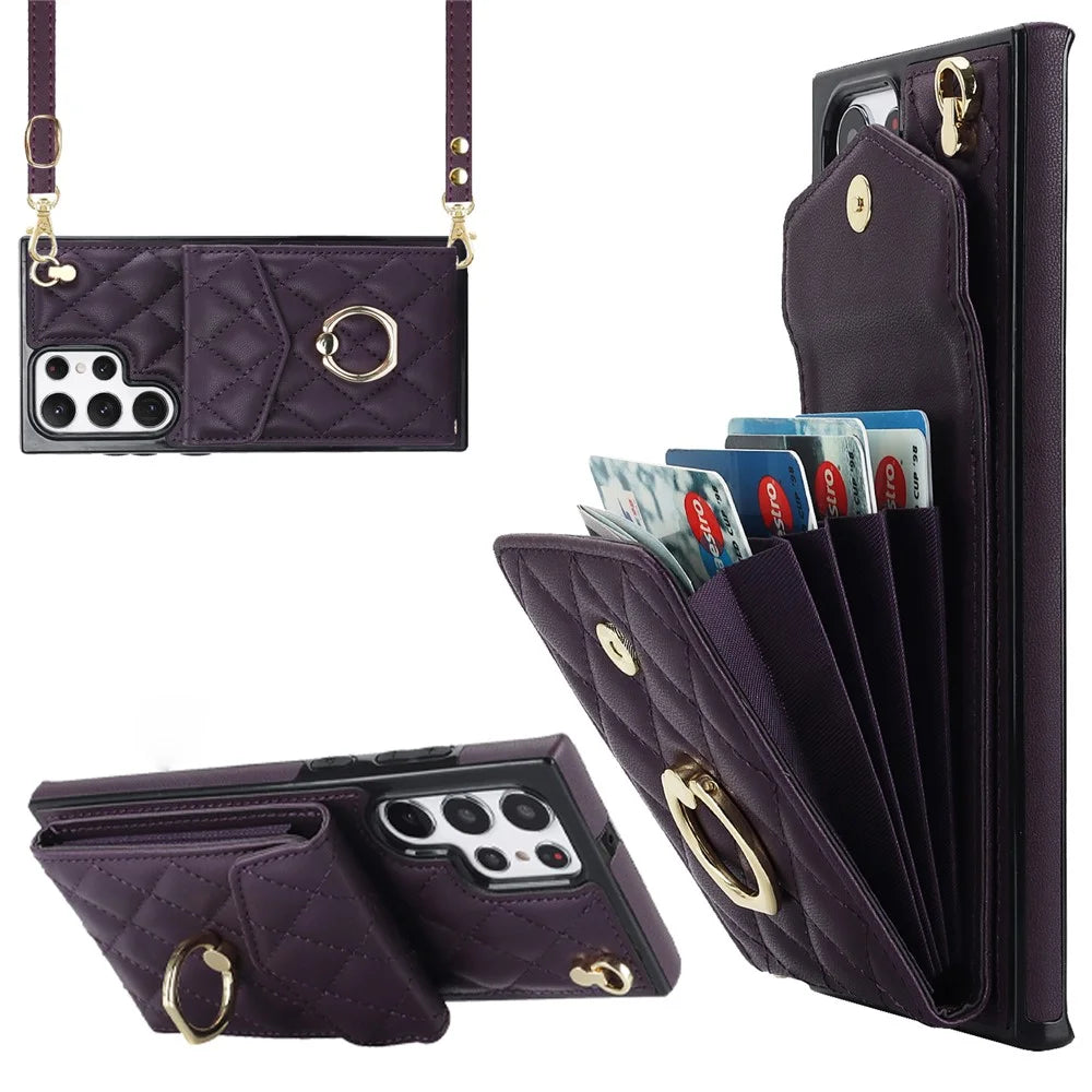 For Samsung Galaxy S24 Ultra Case Ring Kickstand Card Holder Leather+TPU Cover with 2 Straps - Dark Purple - 1
