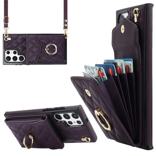 For Samsung Galaxy S24 Ultra Case Ring Kickstand Card Holder Leather+TPU Cover with 2 Straps - Dark Purple - 1