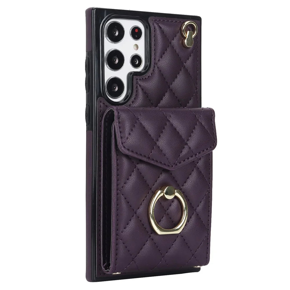 For Samsung Galaxy S24 Ultra Case Ring Kickstand Card Holder Leather+TPU Cover with 2 Straps - Dark Purple - 2