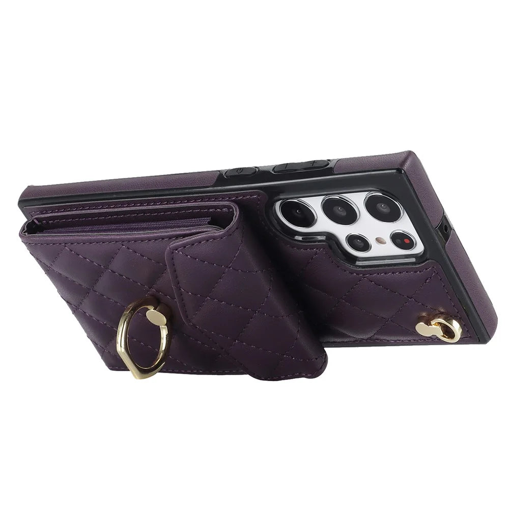 For Samsung Galaxy S24 Ultra Case Ring Kickstand Card Holder Leather+TPU Cover with 2 Straps - Dark Purple - 3
