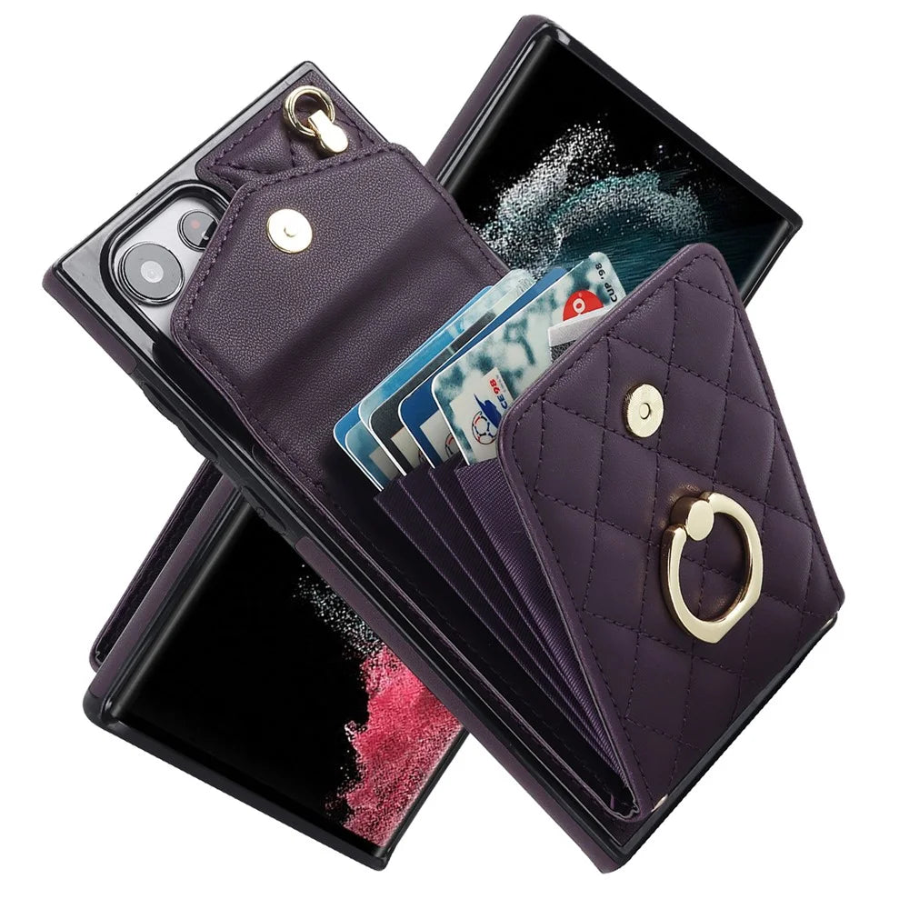 For Samsung Galaxy S24 Ultra Case Ring Kickstand Card Holder Leather+TPU Cover with 2 Straps - Dark Purple - 4