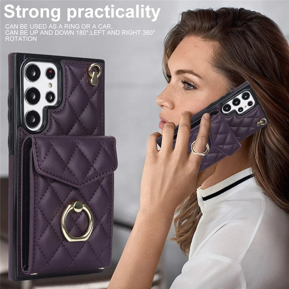 For Samsung Galaxy S24 Ultra Case Ring Kickstand Card Holder Leather+TPU Cover with 2 Straps - Dark Purple - 5