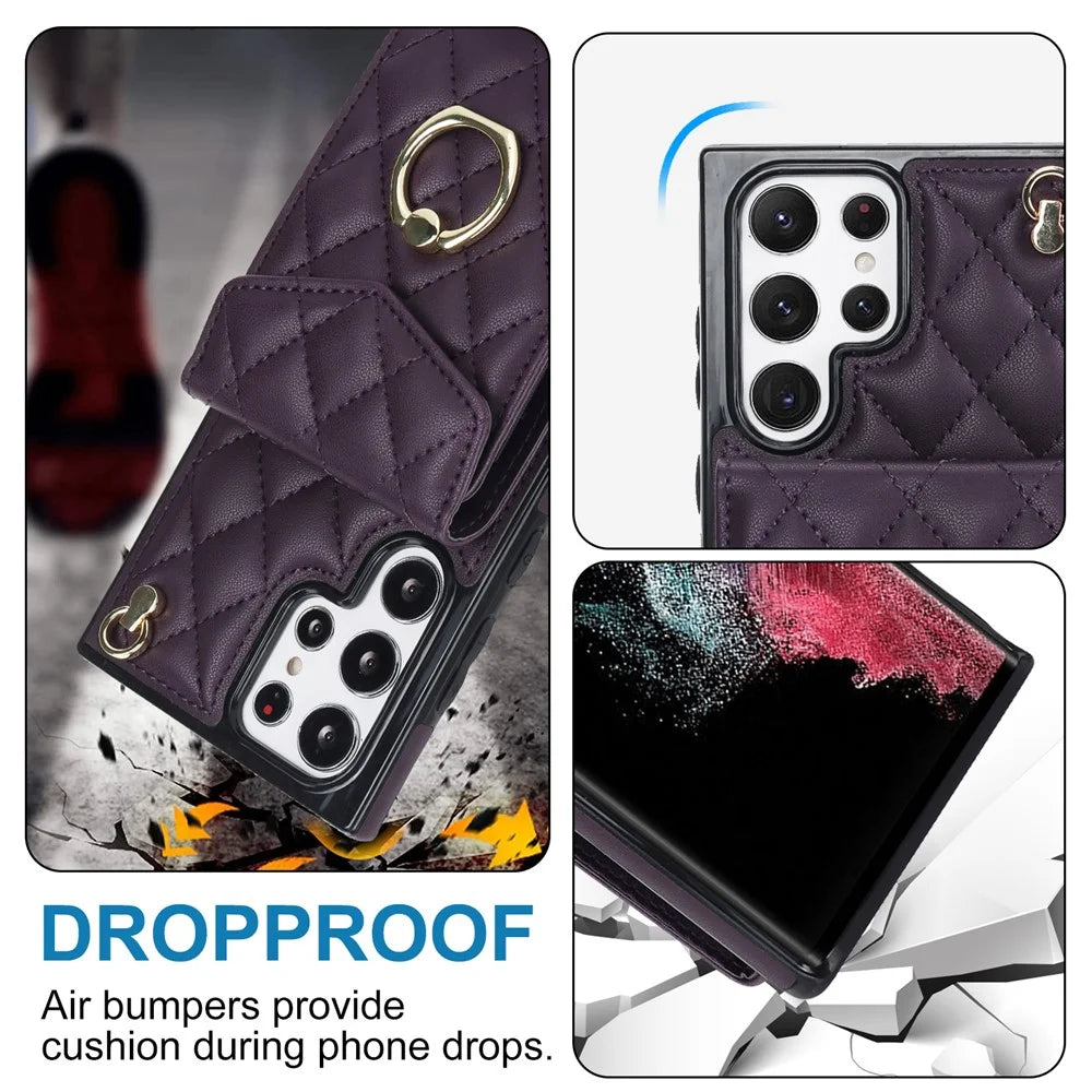 For Samsung Galaxy S24 Ultra Case Ring Kickstand Card Holder Leather+TPU Cover with 2 Straps - Dark Purple - 6