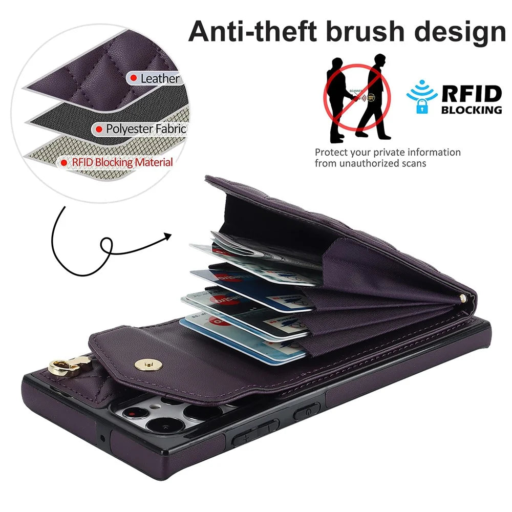 For Samsung Galaxy S24 Ultra Case Ring Kickstand Card Holder Leather+TPU Cover with 2 Straps - Dark Purple - 7