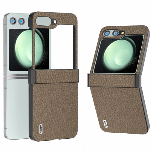 ABEEL For Samsung Galaxy Z Flip5 5G Slim Phone Case Hinge Protection Litchi Texture Back Cover - Khaki - 1