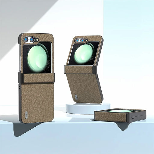 ABEEL For Samsung Galaxy Z Flip5 5G Slim Phone Case Hinge Protection Litchi Texture Back Cover - Khaki - 2