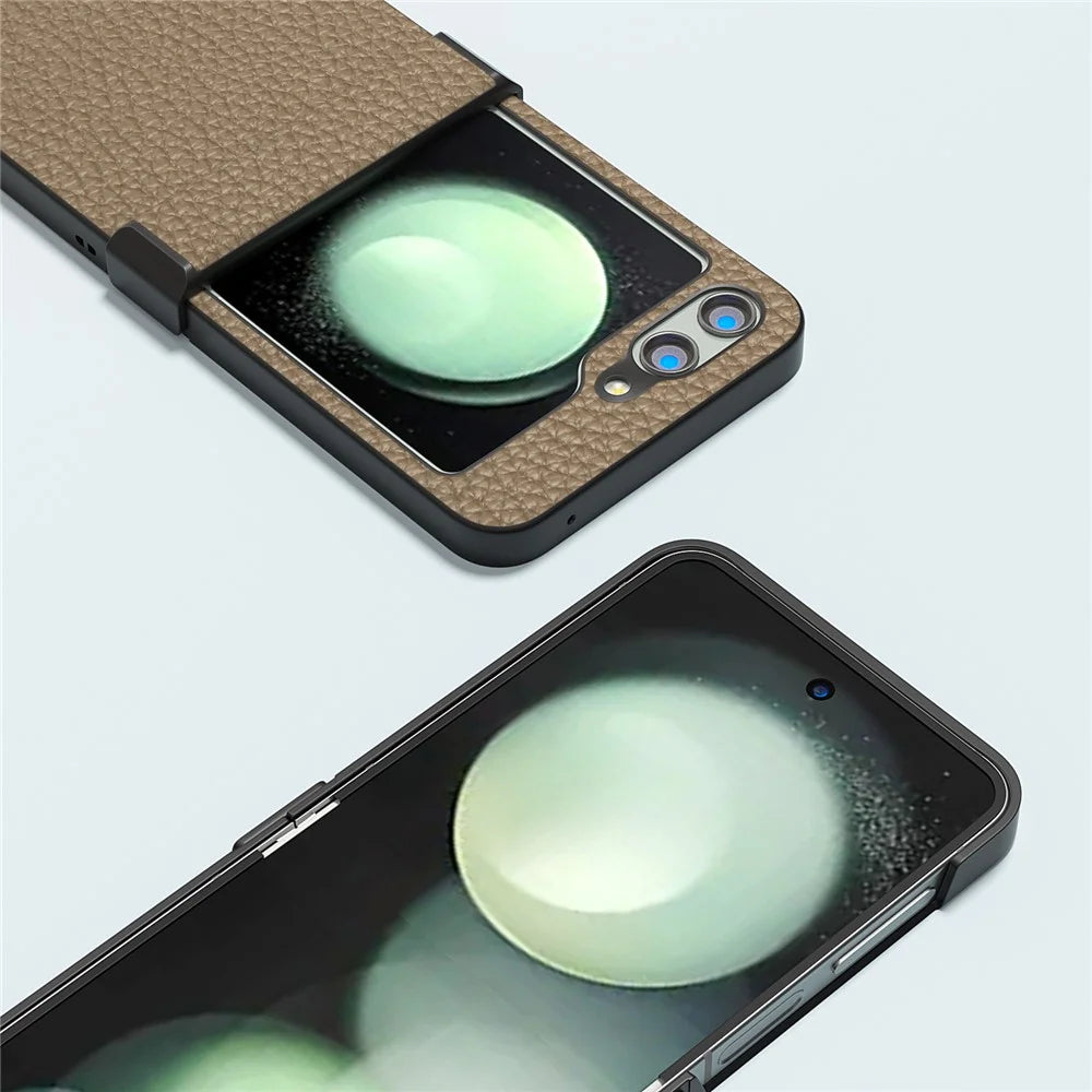 ABEEL For Samsung Galaxy Z Flip5 5G Slim Phone Case Hinge Protection Litchi Texture Back Cover - Khaki - 3