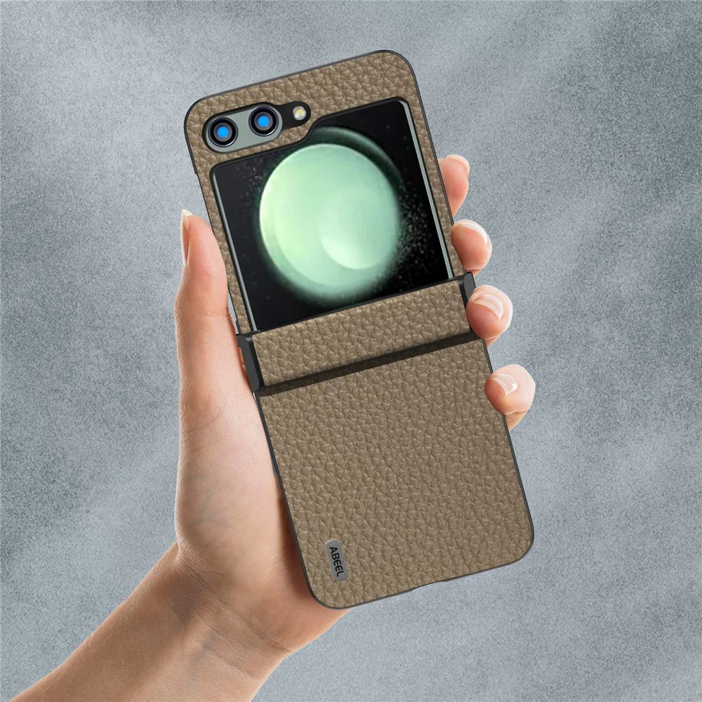 ABEEL For Samsung Galaxy Z Flip5 5G Slim Phone Case Hinge Protection Litchi Texture Back Cover - Khaki - 6