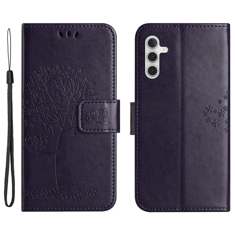 For Samsung Galaxy A35 5G Case Owl Tree Imprinted Leather Stand Wallet Phone Cover - Dark Purple - 1