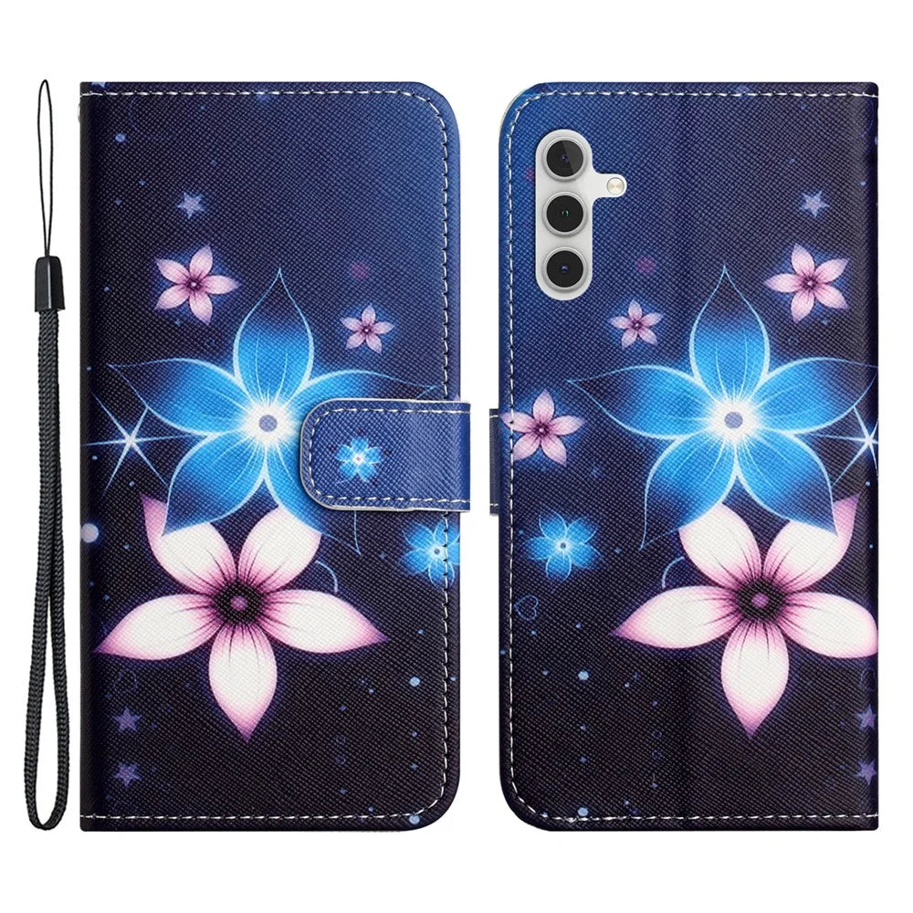 For Samsung Galaxy A35 5G Phone Case 3D Pattern PU Leather Wallet Flip Cover - Blue Flower - 1