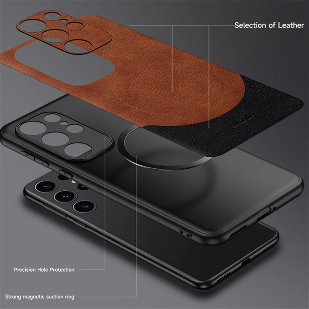 SULADA Magnetic Series for Samsung Galaxy S24 Ultra Case Leather Coating Protective Cover Magnetic Case  - Brown - 6