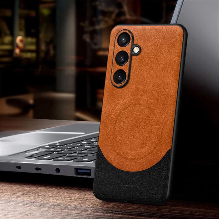 SULADA Magnetic Series for Samsung Galaxy S24+ Case Leather Coated Phone Back Shell Magnetic Case  - Orange - 2