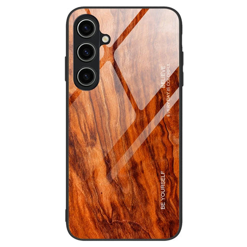 For Samsung Galaxy A35 5G Phone Case Wood Texture Tempered Glass Back Cover - Orange - 1