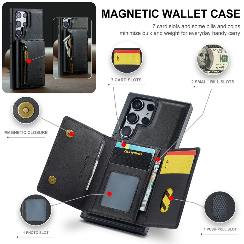 DG.MING M5 Series For Samsung Galaxy S24 Leather Phone Case Magnetic Detachable Wallet Cover - Black - 6