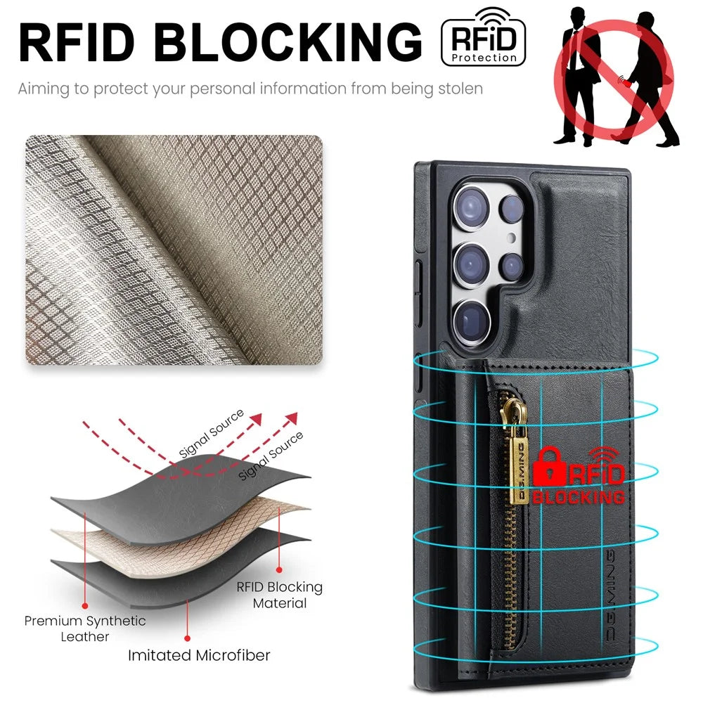 DG.MING M5 Series For Samsung Galaxy S24 Leather Phone Case Magnetic Detachable Wallet Cover - Black - 7
