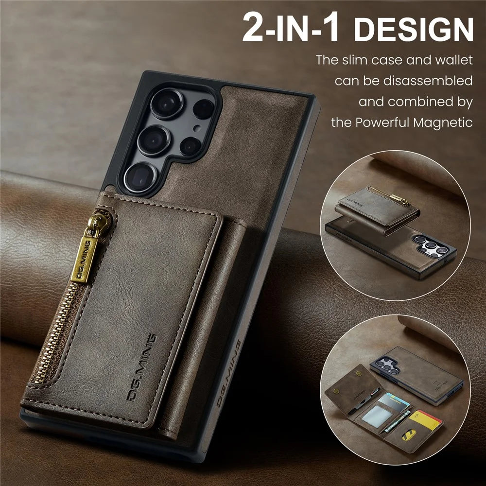 DG.MING M5 Series For Samsung Galaxy S24+ Wallet Case 2-in-1 Detachable Leather Phone Cover - Coffee - 3