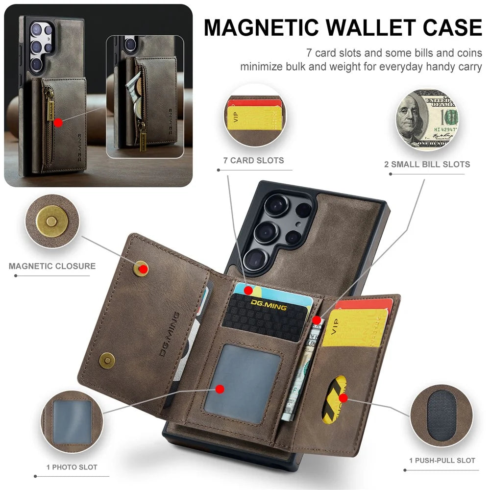 DG.MING M5 Series For Samsung Galaxy S24+ Wallet Case 2-in-1 Detachable Leather Phone Cover - Coffee - 6