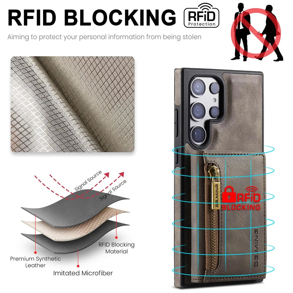 DG.MING M5 Series For Samsung Galaxy S24+ Wallet Case 2-in-1 Detachable Leather Phone Cover - Coffee - 7