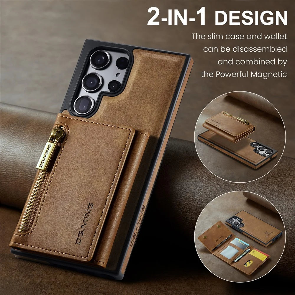 DG.MING M5 Series For Samsung Galaxy S24 Ultra Case Kickstand Leather Phone Back Cover - Brown - 3