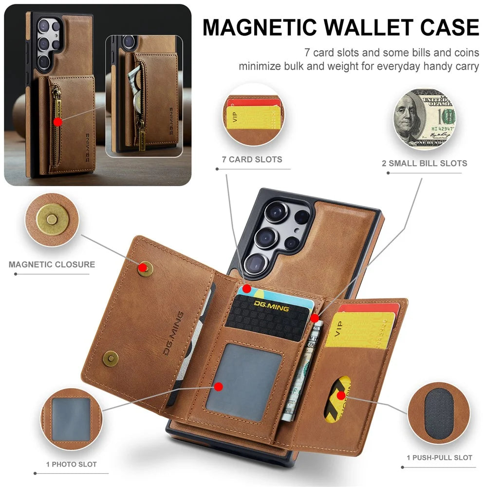 DG.MING M5 Series For Samsung Galaxy S24 Ultra Case Kickstand Leather Phone Back Cover - Brown - 6