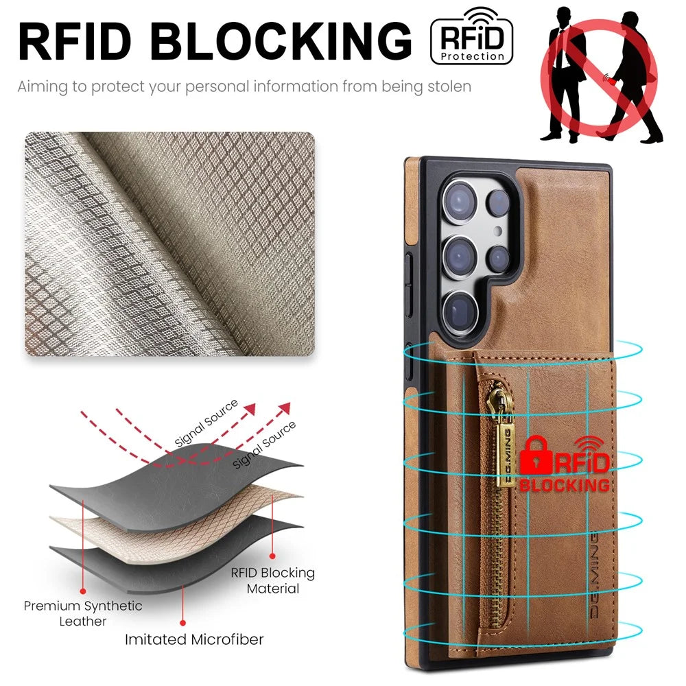 DG.MING M5 Series For Samsung Galaxy S24 Ultra Case Kickstand Leather Phone Back Cover - Brown - 7