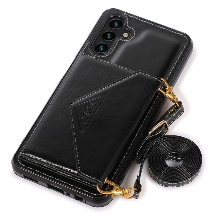 For Samsung Galaxy A05s 4G Case Card Holder Kickstand PU Leather+TPU Cover with Shoulder Strap - Black - 5