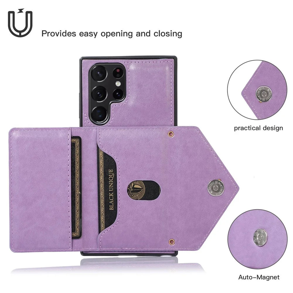 For Samsung Galaxy S24 Ultra Case Card Holder Kickstand Leather+TPU Crossbody Cover - Purple - 4