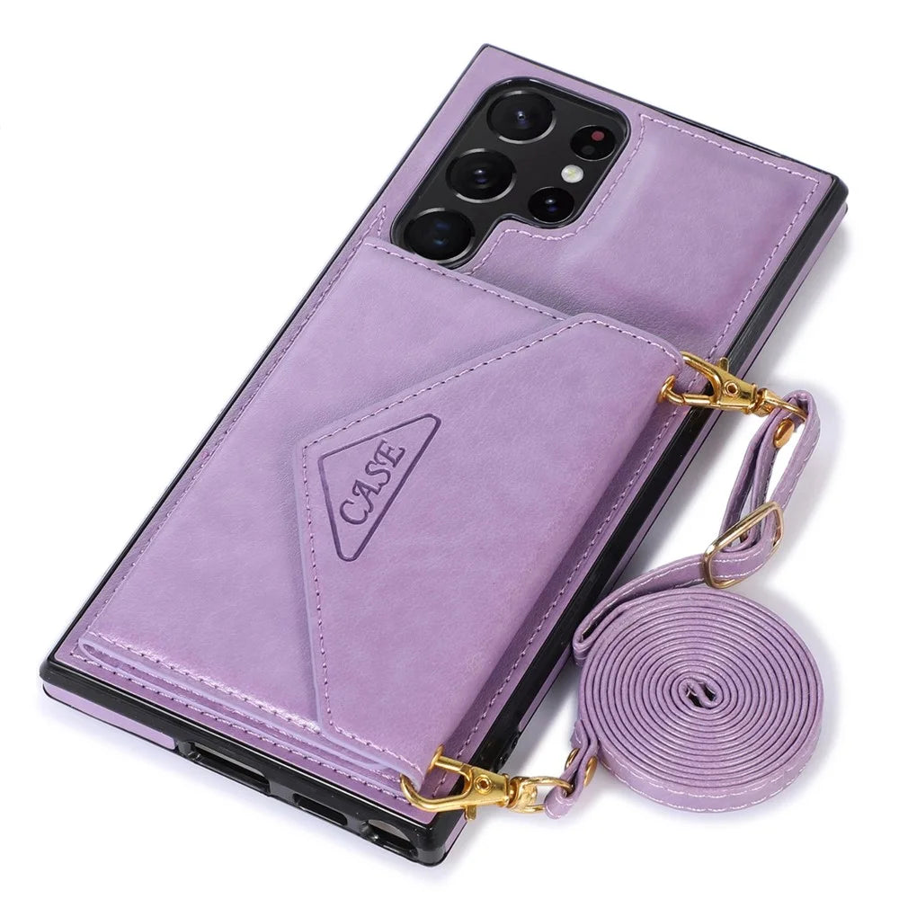 For Samsung Galaxy S24 Ultra Case Card Holder Kickstand Leather+TPU Crossbody Cover - Purple - 5