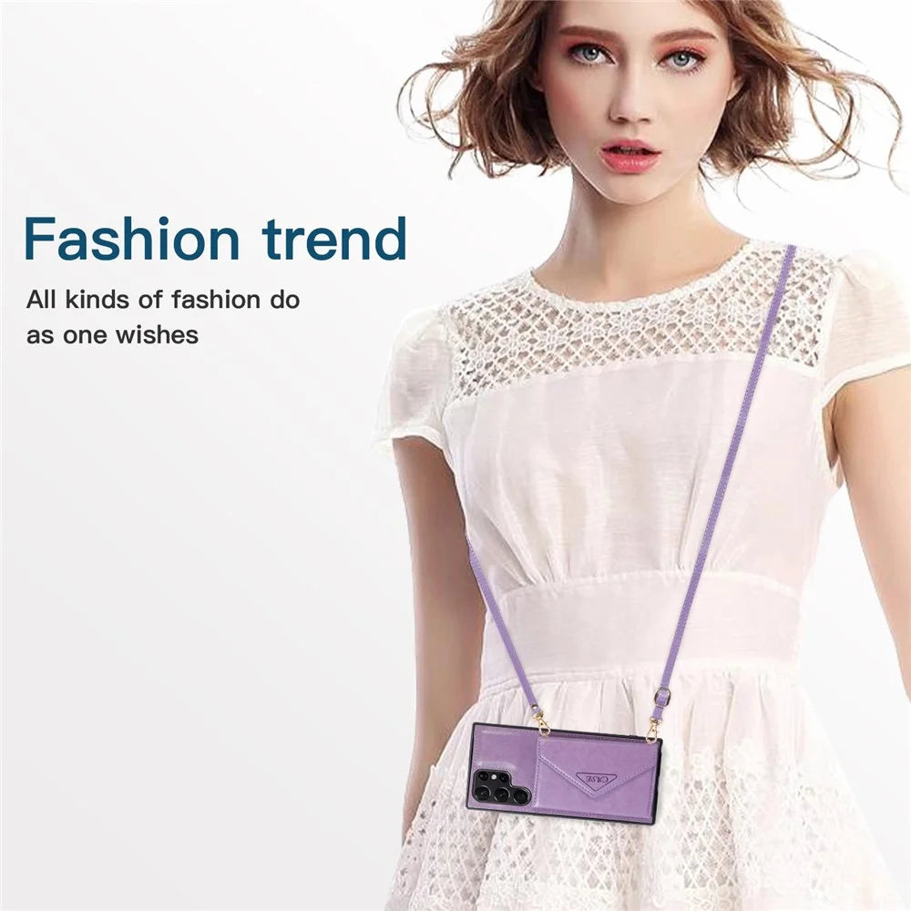 For Samsung Galaxy S24 Ultra Case Card Holder Kickstand Leather+TPU Crossbody Cover - Purple - 6