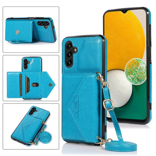 For Samsung Galaxy A15 4G / 5G Case Card Holder PU+TPU Cover with Shoulder Strap - Blue - 1