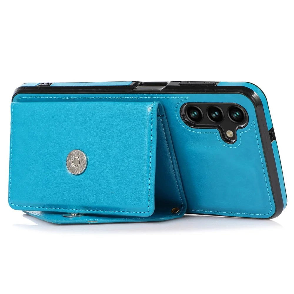 For Samsung Galaxy A15 4G / 5G Case Card Holder PU+TPU Cover with Shoulder Strap - Blue - 3