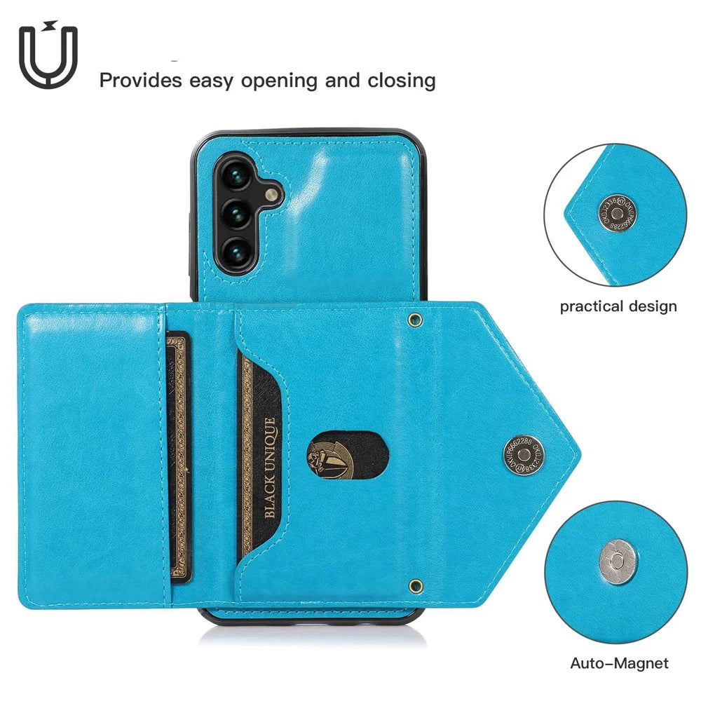 For Samsung Galaxy A15 4G / 5G Case Card Holder PU+TPU Cover with Shoulder Strap - Blue - 4