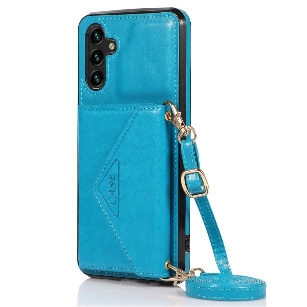 For Samsung Galaxy A15 4G / 5G Case Card Holder PU+TPU Cover with Shoulder Strap - Blue - 7