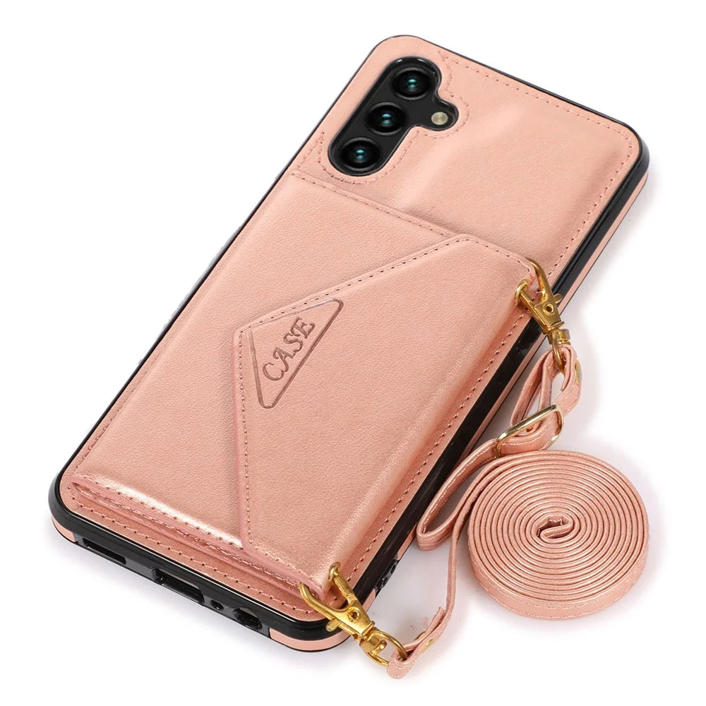 For Samsung Galaxy A25 5G (Global) (161.0 x 76.5 x 8.3mm) Cell Phone Case Card Holder Leather+TPU Crossbody Cover - Rose Gold - 5
