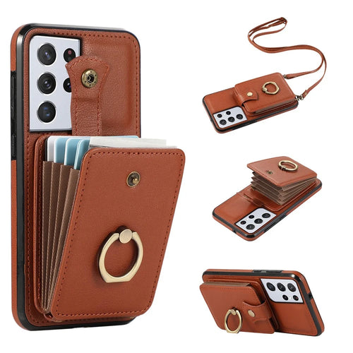 For Samsung Galaxy S21 Ultra 5G Case Card Holder Kickstand TPU+PU Leather Phone Cover - Brown - 1