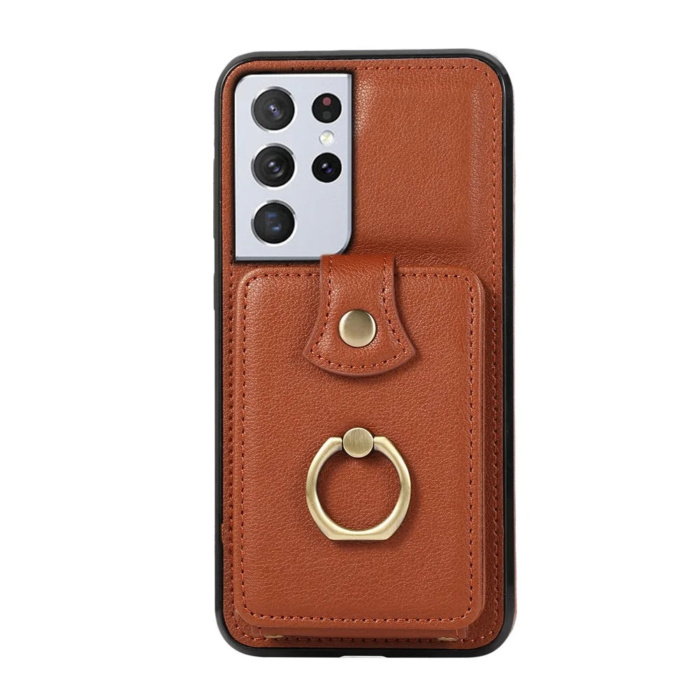 For Samsung Galaxy S21 Ultra 5G Case Card Holder Kickstand TPU+PU Leather Phone Cover - Brown - 2