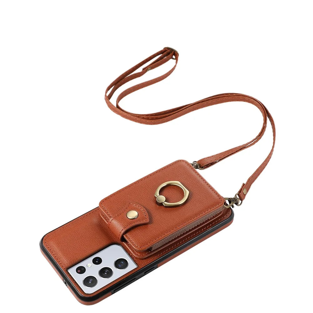 For Samsung Galaxy S21 Ultra 5G Case Card Holder Kickstand TPU+PU Leather Phone Cover - Brown - 4
