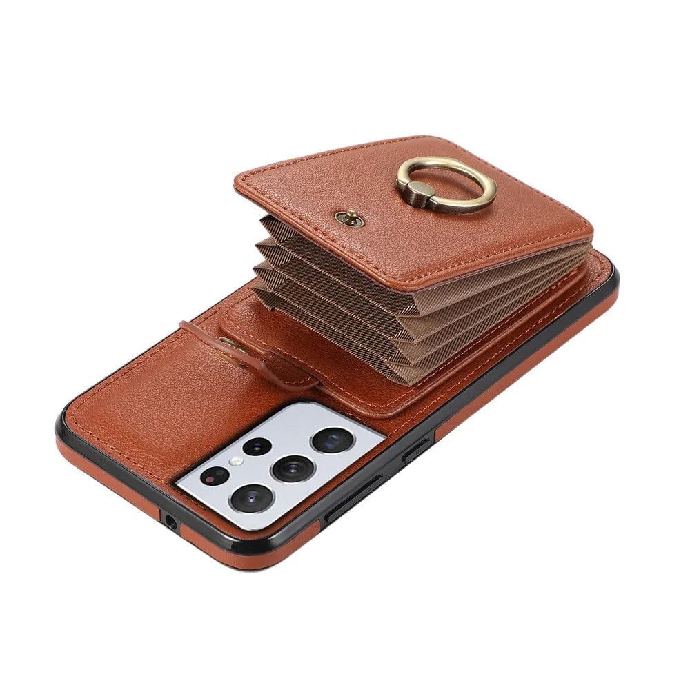 For Samsung Galaxy S21 Ultra 5G Case Card Holder Kickstand TPU+PU Leather Phone Cover - Brown - 5