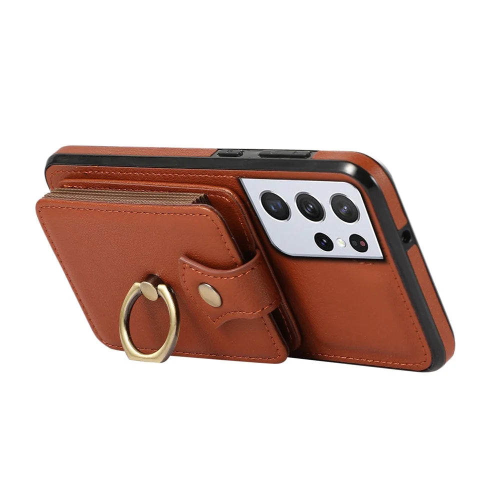 For Samsung Galaxy S21 Ultra 5G Case Card Holder Kickstand TPU+PU Leather Phone Cover - Brown - 6