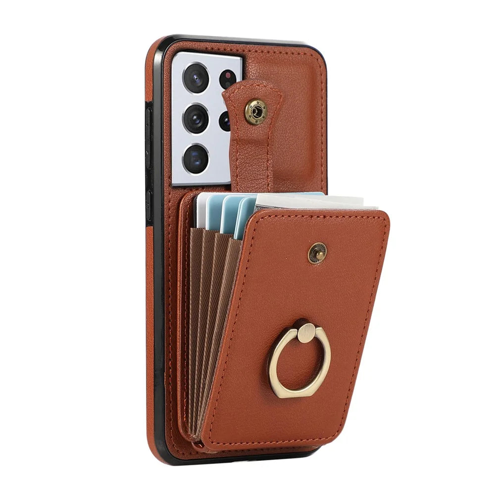 For Samsung Galaxy S21 Ultra 5G Case Card Holder Kickstand TPU+PU Leather Phone Cover - Brown - 7