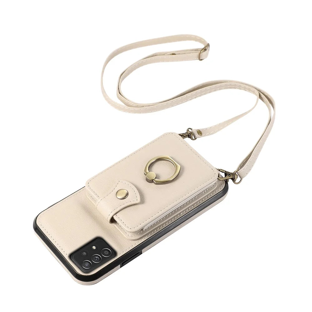 For Samsung Galaxy A52 4G / A52s 5G / A52 5G Case Card Holder PU Leather Phone Cover with Kickstand - Beige - 6