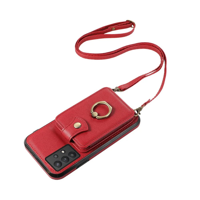 TPU+PU Leather Phone Cover for Samsung Galaxy A32 5G / M32 5G Case Card Holder Kickstand Shell - Red - 6