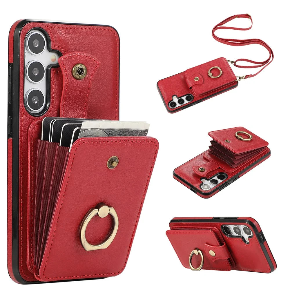 For Samsung Galaxy A54 5G Cell Phone Cover Card Holder Kickstand PU Leather + TPU Phone Case - Red - 1