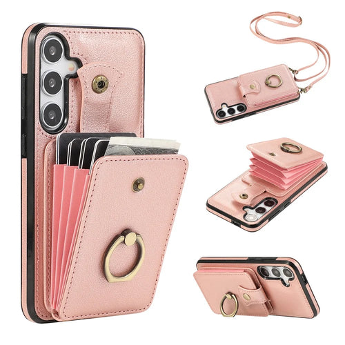 For Samsung Galaxy A14 5G / 4G Case Buckle Design Kickstand TPU+PU Leather Phone Cover - Rose Gold - 1