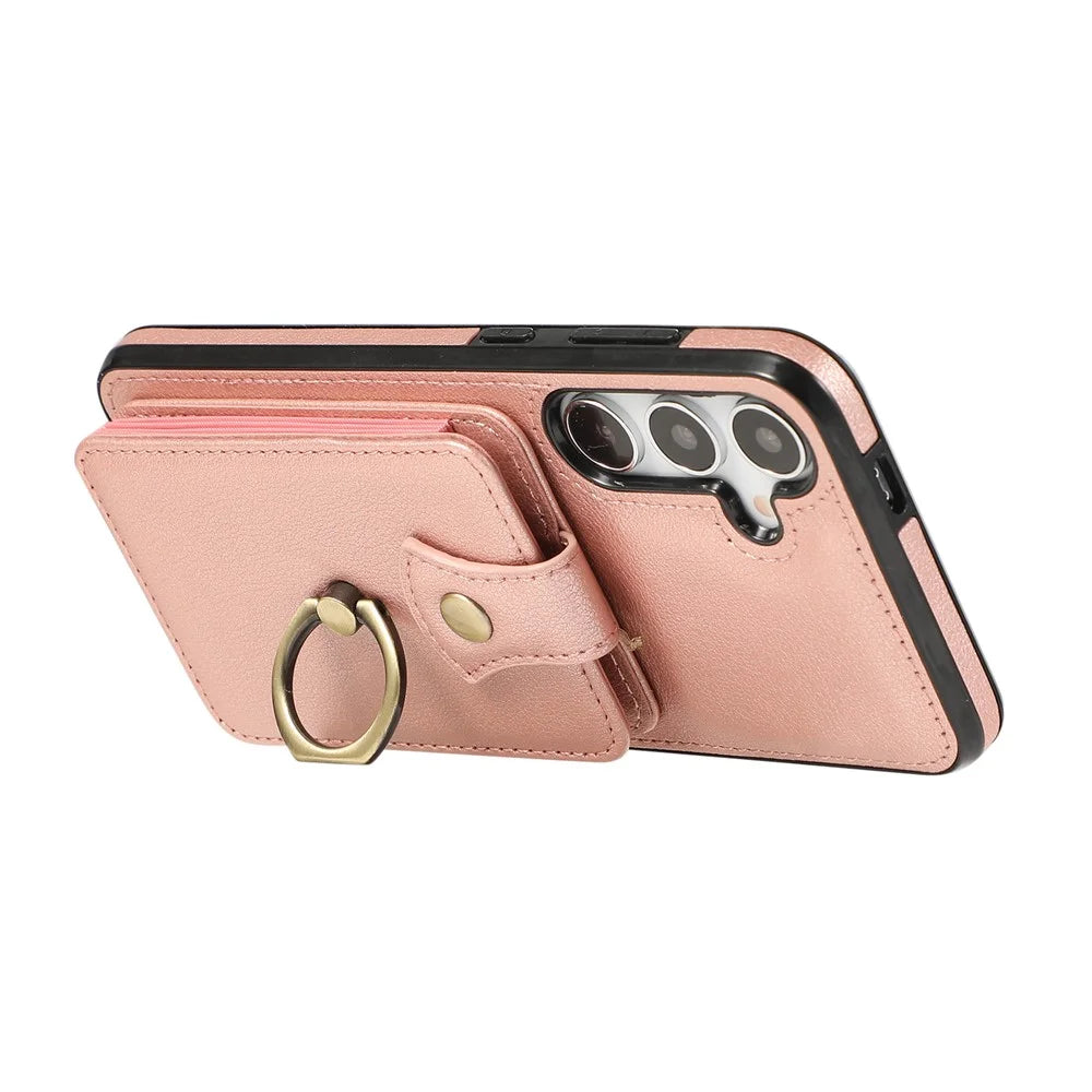 For Samsung Galaxy A14 5G / 4G Case Buckle Design Kickstand TPU+PU Leather Phone Cover - Rose Gold - 5