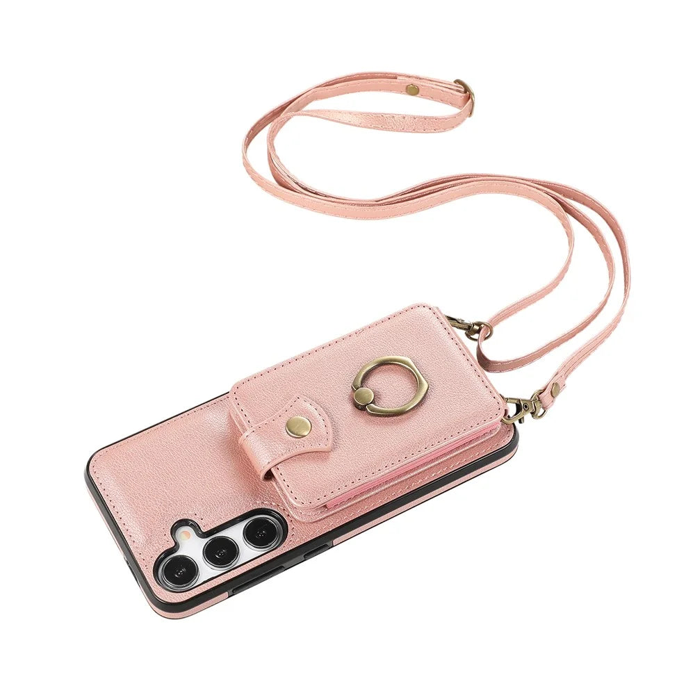 For Samsung Galaxy A14 5G / 4G Case Buckle Design Kickstand TPU+PU Leather Phone Cover - Rose Gold - 6