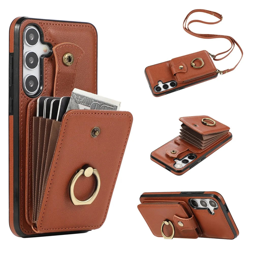 For Samsung Galaxy A34 5G Mobile Case Shoulder Phone Pouch Kickstand TPU+PU Leather Shell - Brown - 1