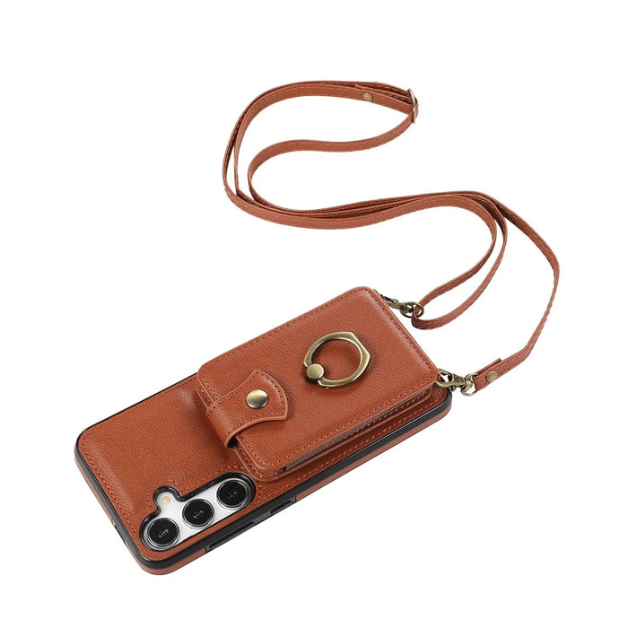 For Samsung Galaxy A34 5G Mobile Case Shoulder Phone Pouch Kickstand TPU+PU Leather Shell - Brown - 6